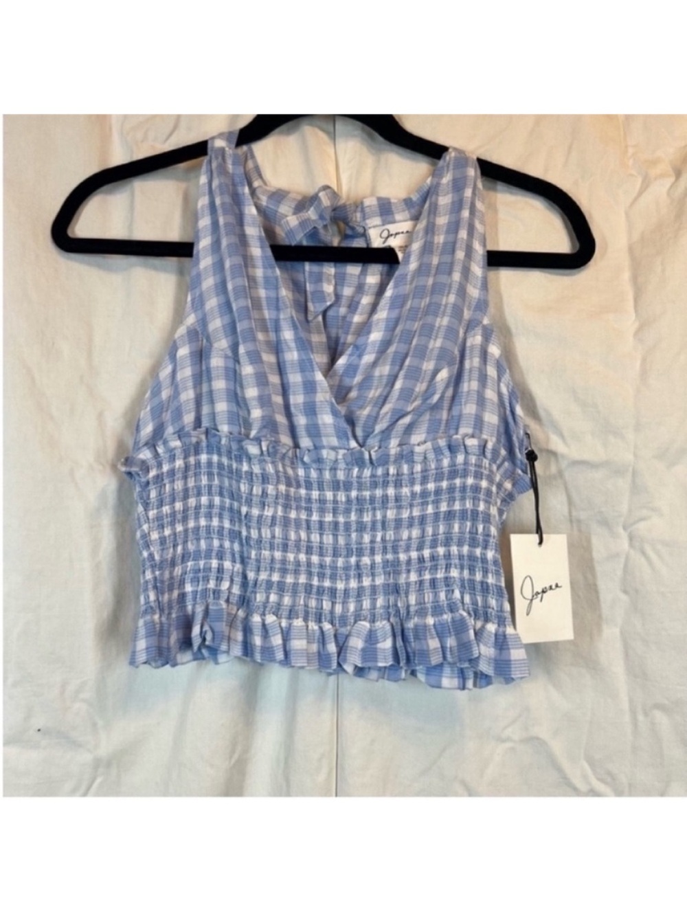 Japna smocked plaid  checkered v neck crop top back tie romantic classic chic